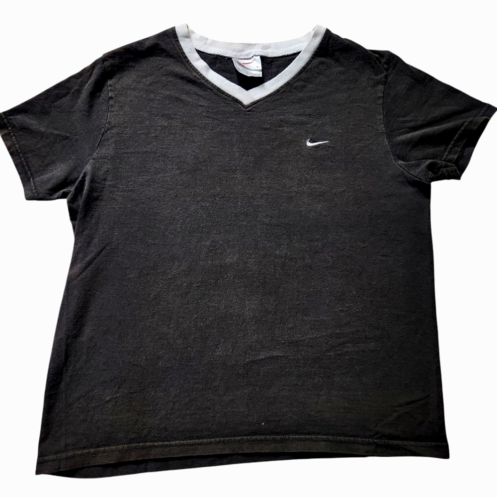 Vintage 90s Nike V Neck T Shirt Black White Sz L